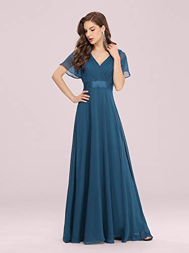 Ever-Pretty A-línea Vestido de Noche Cuello en V Manga Corta Gasa Corte Imperio para Mujer Verde Azulado 36