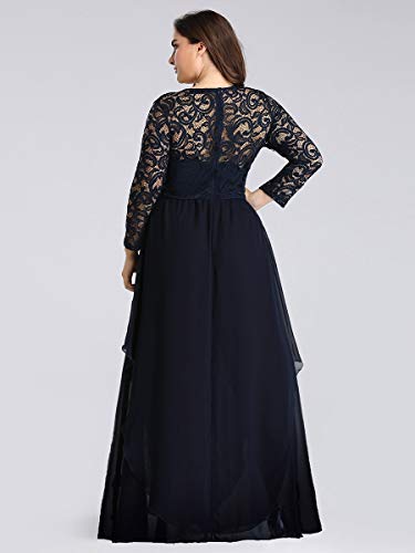 Ever-Pretty Encaje Vestidos de Fiesta Manga Larga Mujer Largo A-línea Elegantes Talla Grande Azul Marino 56