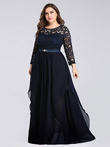 Ever-Pretty Encaje Vestidos de Fiesta Manga Larga Mujer Largo A-línea Elegantes Talla Grande Azul Marino 56