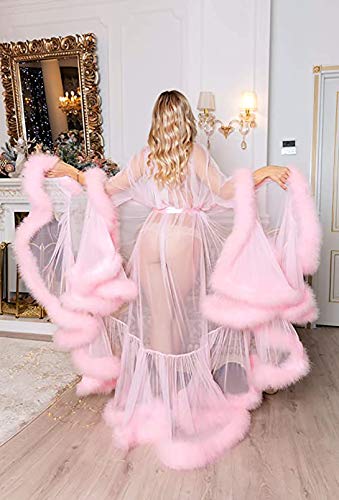 EVR Bata para Mujer, Mujer Sexy Larga de Seda Kimono Bata Babydoll lencería baño Albornoz para la Boda Novia Fiesta Vestido de Cola con Manga Acampanada y Plumas Sexy Transparente,Rojo