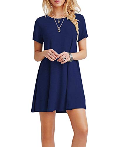 Falechay Vestidos Mujer Verano Casual de Camiseta Suelto Cuello Redondo Basico Color Sólida Multifuncional Vestido Azul XXL