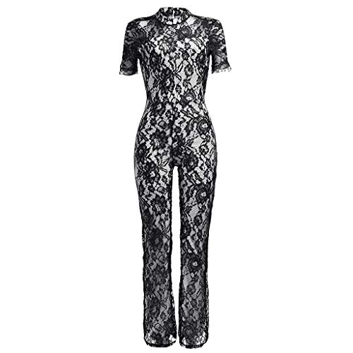 FAMILIZO Monos Mujer Fiesta Elegantes Cortos Verano Monos Mujer Largos Ajustado Encaje Sexy De Las Mujeres Manga Corta Encaje hasta Jumpsuit Pierna Ancha Mono Pantalones