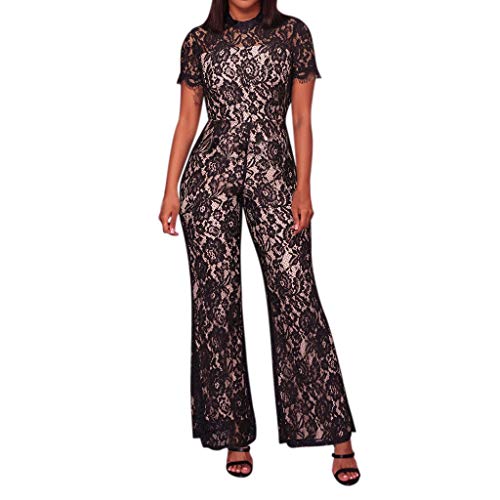 FAMILIZO Monos Mujer Fiesta Elegantes Cortos Verano Monos Mujer Largos Ajustado Encaje Sexy De Las Mujeres Manga Corta Encaje hasta Jumpsuit Pierna Ancha Mono Pantalones