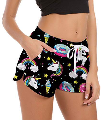 Fanient - Pantalones cortos de natación para mujer, gráficos 3D, de secado rápido, pantalones cortos de verano, bañador de verano, con cordón ajustable A1-unicornio negro XS