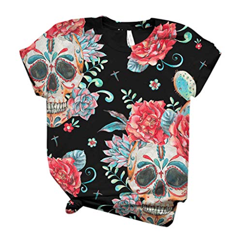 FantaisieZ Camisetas de mujer de manga corta con estampado de cráneo grande, cuello redondo, estilo casual, para verano, sueltas, túnica, impresión 3D H M