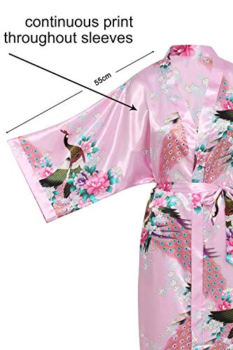 Fantherin Kimono Bata Kimono Floral Bata Seda Satén Kimono para Mujer Boda Pijama Fiesta 135cm (Rosa Claro)