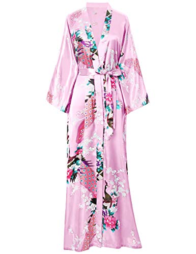 Fantherin Kimono Bata Kimono Floral Bata Seda Satén Kimono para Mujer Boda Pijama Fiesta 135cm (Rosa Claro)