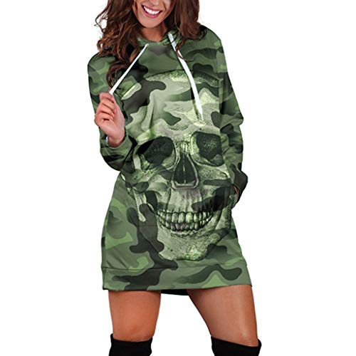 Fcostume Mujer Sudadera con Capucha Talla Grande Sudadera Vestido Manga Larga Casual Camuflaje Cráneo Estampado Hoodie Jersey Larga