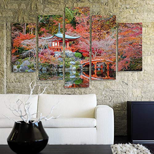 Feeby Frames, Cuadro en lienzo - 5 partes - Cuadro impresión, Cuadro decoración, Canvas (JARDÍN JAPONÉS, ROJO) 200x100 cm, Tipo A