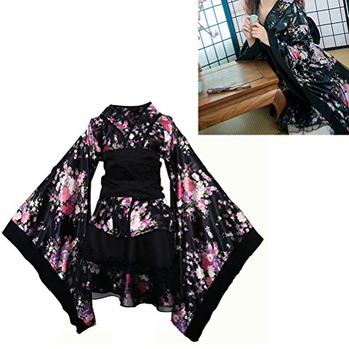 Fenical Vestido kimono japonés con flores de cerezo para mujer, talla M, color negro