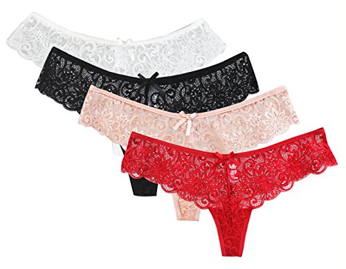 FEOYA 4pcs Tangas Braguitas de Encaje G-String Thong Sexy Elástico para Mujeres Lucir Cuerpo - XL