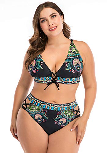 FEOYA - Bañador de Mujer Tallas Grandes con Aros Push up Conjunto de Bikini Reductor Atractivo Elástica Playa Vacación Traje de Baño