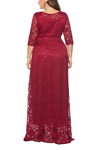 FEOYA - Mujer Vestido de Noche de Encaje Cuello Redondo para Ceremonia Boda Fiesta Banquete Falda Larga de Talla Grande con Manga 3/4 Rojo Oscuro - Talla 3XL/ES 54