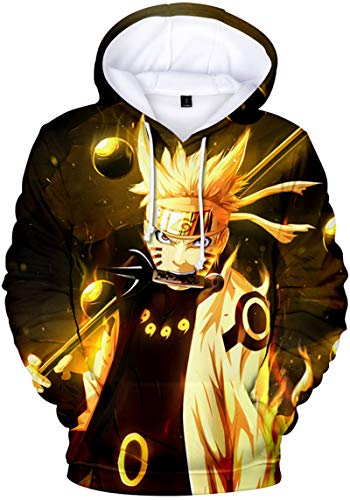 FLYCHEN Niño Sudadera con Capucha Naruto Ninjutsu Anime Impresión Digital 3D Uchiha Sasuke - Amarillo 0451 - XS