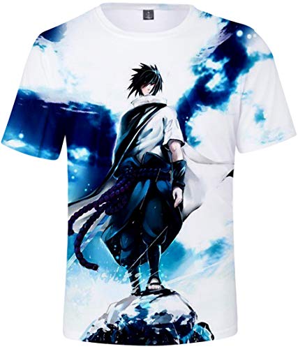 FLYCHEN Niños Camiseta con Motivo Naruto 3D Impreso Gráfica Fantástica Boy's T-Shirt Cuello Redondo Animados - Chico en Azul y Blanco - S