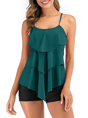 FLYILY Trajes de baño Tankini de 2 Piezas para Mujer Top con Estampado de Volantes y bañadores(Darkgreen,L)