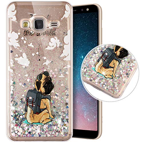 Funda Compatible con Samsung Galaxy J3/J3 2016.Funda Carcasa Transparente Brillo Glitter Brillantes Purpurina Liquida Arenas TPU Silicona Suave Dibujos Diseño Protectora Completo Cubierta,Perro Feliz