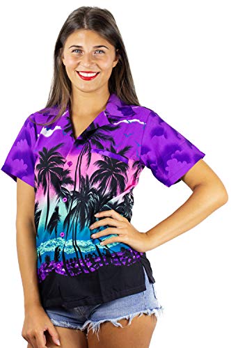 Funky Camisa Blusa Hawaiana, Manga Corta, Beach, Púrpura, XS