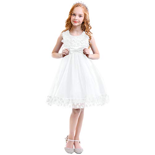 FYMNSI Vestido de Niña de Las Flores Niños Bebé Boda Dama de Honor Princesa Tutu Tul Vestido Corto Sin Mangas Bowknot Fiesta de Cumpleaños Cóctel Noche Vestido de Bola Blanco 9-10 Años