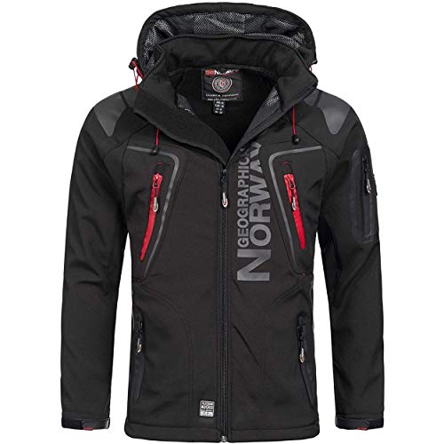 Geographical Norway TECHNO MEN - Chaqueta Softshell Impermeable Para Hombres - Capucha Transpirable Hombre Estilo - Chaqueta Invierno Viento - Actividades Ideales Para Exteriores (NEGRO L)