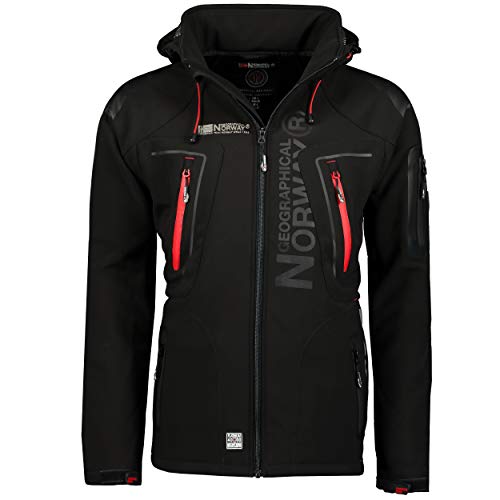 Geographical Norway TECHNO MEN - Chaqueta Softshell Impermeable Para Hombres - Capucha Transpirable Hombre Estilo - Chaqueta Invierno Viento - Actividades Ideales Para Exteriores (NEGRO 3XL)