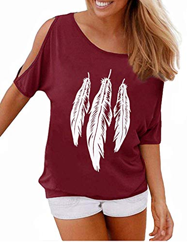 GNRSPTY Mujer Casual Camiseta Manga Corta Sin Tirantes Verano Estampado de Plumas Suelto T-Shirt Tops,Rojo 1,M