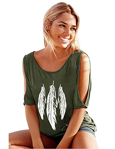 GNRSPTY Mujer Casual Camiseta Manga Corta Sin Tirantes Verano Estampado de Plumas Suelto T-Shirt Tops,Verde,S