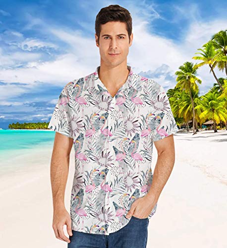 Goodstoworld Camisa Hawaiana para Hombre Camisa de Manga Corta Informal Camisas de Vacaciones 3D Impreso Camisa Colorida Flamencos Florales M