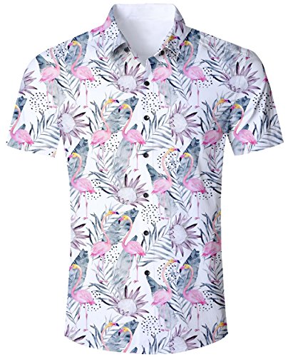 Goodstoworld Camisa Hawaiana para Hombre Camisa de Manga Corta Informal Camisas de Vacaciones 3D Impreso Camisa Colorida Flamencos Florales M