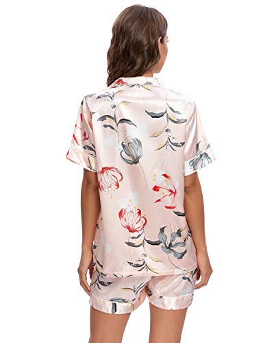 GOSO Pijama de satén para Mujer con Botones de Seda Floral Manga Cortos y Pantalones Cortos Ropa de Dormir Conjuntos Pijama para Mujer