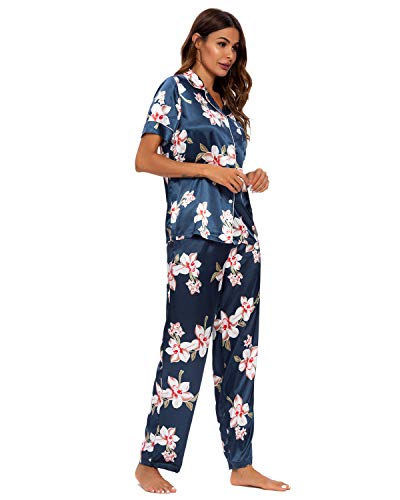 GOSO Pijama de satén para Mujer con Botones de Seda Floral Manga Cortos y Pantalones Ropa de Dormir Conjuntos Pijama para Mujer