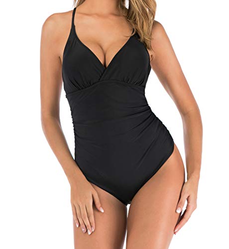 GOTIMAL - Correa de hombro ajustable, traje de baño para mujer, traje de baño de una sola pieza, arrugas, moda de playa, faja Negro XL