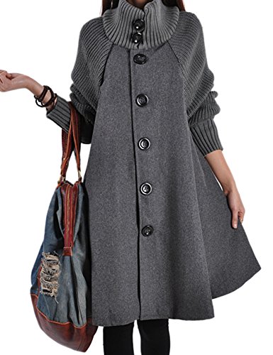 HAHAEMMA Moda para Mujer Abrigo de Invierno Abrigo Largo Punto Fleece Botón Columpio Ancho Poncho Cuello del Estilo del Cabo Abrigo de Abrigo Chaqueta Chaqueta de Invierno Vestido Suelto(GY,XL)