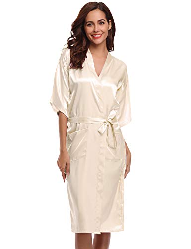 Hawiton Bata Kimono Mujer, Seda Satén Corto Kimono Bata Pijama Vestido de Encaje Conjunto de Lencería Albornoz Vestido de Dama de Honor de Camisón