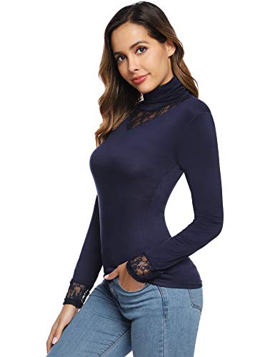 Hawiton Camisetas de Manga Larga para Mujer Elegant Blusas de Cuello Alto con Encaje Ajustado Tops para Primavera,Otoño,Invierno