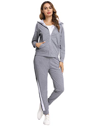 Hawiton Conjunto de Chándal para Mujer de Algodón Invierno, Conjunto de Sudadera Mujer Larga con Chaqueta y Pantalon para Fitness Jogger Tenis Tallas Grandes 2 Piezas, Gris, XL