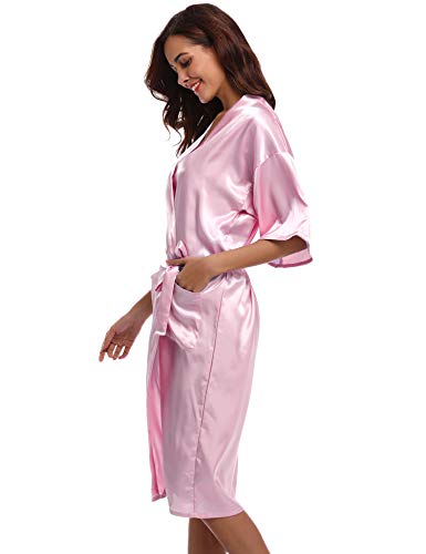 Hawiton Kimono Mujer Bata Saten Manga Corta Novia Albornoz Boda Pijama de Seda Vestidos con Cinturilla Elegante Ropa de Dormir Verano