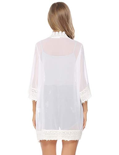 Hawiton Mujer Cárdigan Kimono Elegante Manga 3/4 Transparencia Gasa Blusa Ligero Playa Encubrir Encaje Frente Abierto Chaqueta