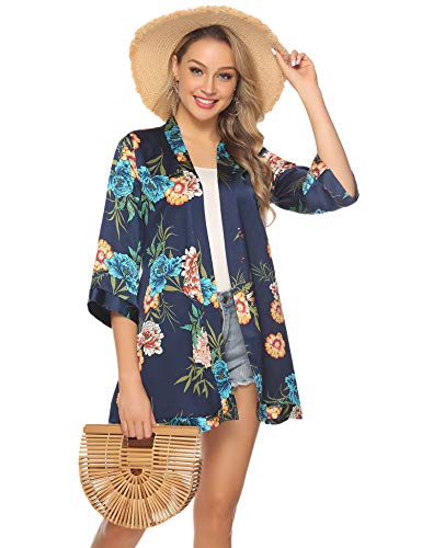 Hawiton Mujer Cárdigan Kimono Florales Manga 3/4 Gasa Boho Blusa Playa Encubrir Chaqueta Fina Casual