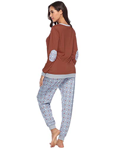 Hawiton Pijama Invierno Mujer Algodon Mangas Larga Pantalon Largo Encaje 2 Piezas Talla Grande