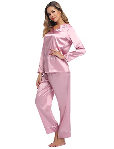 Hawiton Pijama Mujer Saten Pijamas Raso Mujer Invierno de Manga Larga Kimono Satén Ropa de Casa 2 Piezas