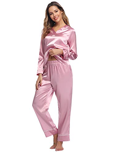 Hawiton Pijama Mujer Saten Pijamas Raso Mujer Invierno de Manga Larga Kimono Satén Ropa de Casa 2 Piezas