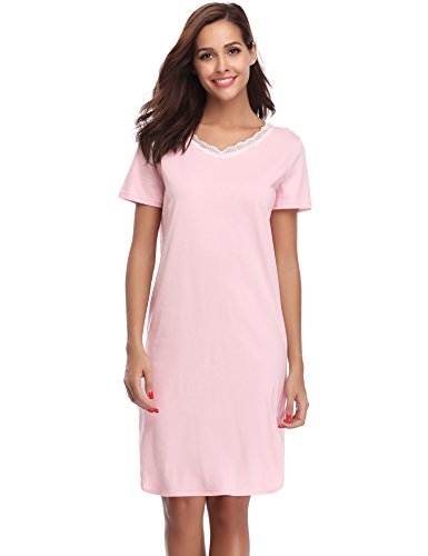 Hawiton Pijama Mujer Verano Manga Corta Camisón Vestido Ropa de Dormir Cuello en V Pijamas Vestir Camisónes Loungewear Sexy y Elegante, Rosa