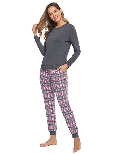 Hawiton Pijamas Mujer Invierno de Manga Larga Ropa de Dormir Algodon Pantalones de Pajama Largo Homewear, Gris, XL