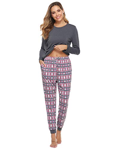 Hawiton Pijamas Mujer Invierno de Manga Larga Ropa de Dormir Algodon Pantalones de Pajama Largo Homewear, Gris, XL