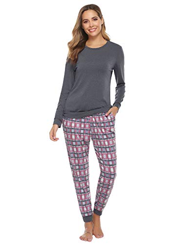 Hawiton Pijamas Mujer Invierno de Manga Larga Ropa de Dormir Algodon Pantalones de Pajama Largo Homewear, Gris, XL