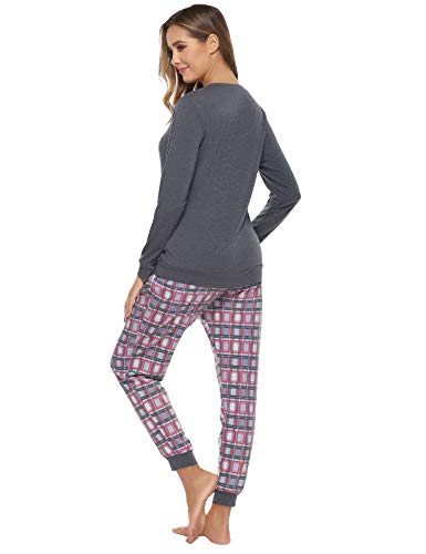 Hawiton Pijamas Mujer Invierno de Manga Larga Ropa de Dormir Algodon Pantalones de Pajama Largo Homewear, Gris, XL