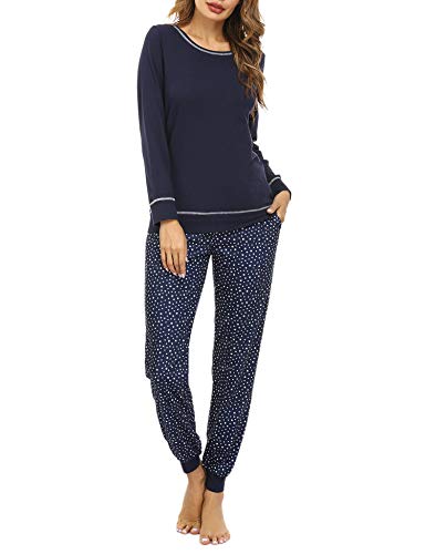 Hawiton Pijamas Mujer Invierno Manga Larga Conjunto de Pijama para Mujer Algodón Pantalones Largo Ropa de Casa 2 Piezas, Azul Oscuro, XXL