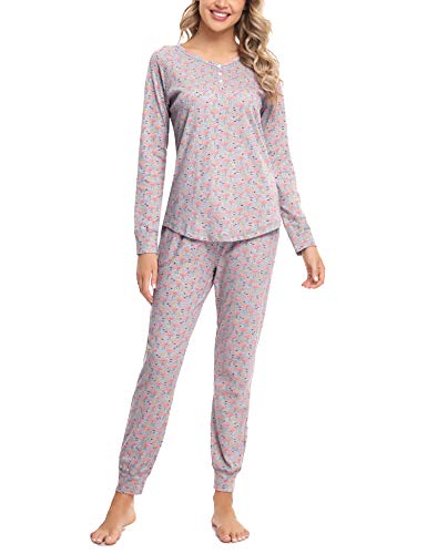 Hawiton Pijamas Mujer Invierno Manga Larga Conjunto de Pijama para Mujer Algodón Pantalones Largo Ropa de Casa 2 Piezas, Gris, M