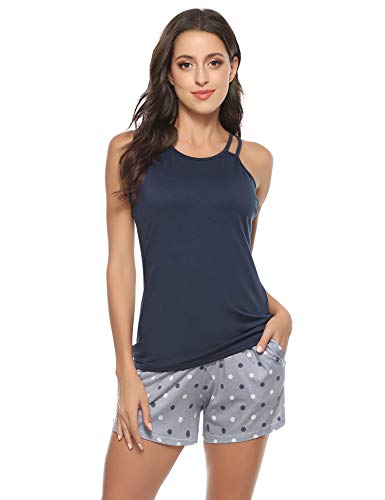 Hawiton Pijamas Mujer Verano Manga Corta Conjunto de Pijama para Mujer 2 Piezas de Ropa de Dormir Algodón Suave Loungewear, Azul Oscuro, M